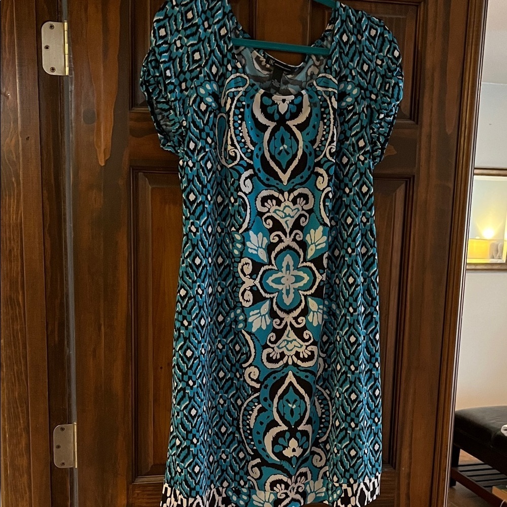 INC Teal and Black Patterned Dress with sequins